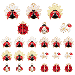 PandaHall Elite 24Pcs 6 Style Alloy Enamel Pendants, with Crystal Rhinestone & ABS Plastic Imitation Pearl, Light Gold, Ladybird & Flower, Mixed Color, 13~22x11.5~21x3.5~7mm, Hole: 1.2~2mm, 4pcs/style