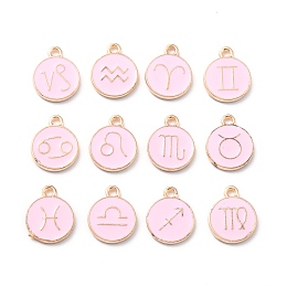 Honeyhandy Alloy Enamel Pendants, Flat Round with Twelve Constellation, Light Gold, Pink, 15x12x2mm, Hole: 1.5mm, about 12pcs/set