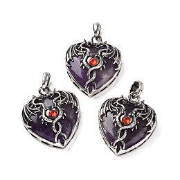 Honeyhandy Natural Amethyst Pendants, Heart Charms, with Rack Plating Antique Silver Tone Hyacinth Rhinestone Dragon Wing Findings, 36.5~37.5x32~32.5x9.5~10.5mm, Hole: 8.5x5.5mm