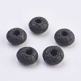 Honeyhandy Natural Lava Rock European Beads, Dyed, Large Hole Beads, Flat Round, Black, 15~16x8.5~9mm, Hole: 4~5mm