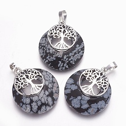 Honeyhandy Natural Snowflake Obsidian Pendants, with Platinum Tone Brass Findings, Flat Round with Tree of Life, 32.5~33x27.5~28x5~6mm, Hole: 5x7mm