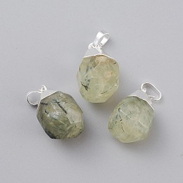 Honeyhandy Natural Prehnite Pendants, with Brass Bails, Faceted, Teardrop, Silver Color Plated, 19~21x12~14x11~15mm, Hole: 5x3mm