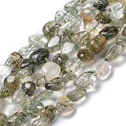 Honeyhandy Natural Green Rutilated Quartz Beads Strands, Nuggets, 8~18x6~10x4~8mm, Hole: 1mm, about 30~48pcs/strand, 15.35~15.55 inch(39~39.5cm)