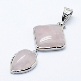 Honeyhandy Natural Rose Quartz Big Pendants, with Brass Findings, Platinum, Teardrop & Rhombus, 53x25x7mm, Hole: 6x9.5mm