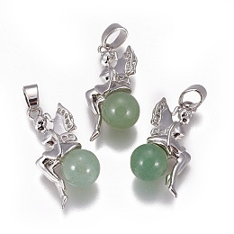 Honeyhandy Natural Green Aventurine Pendants, with Platinum Tone Brass Findings, Fairy, 25~26x12~13x8mm, Hole: 3.5x5.5mm