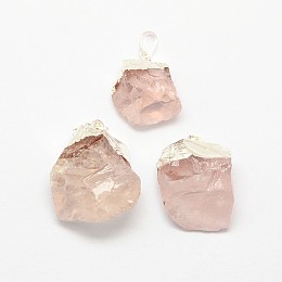 Honeyhandy Natural Bezel Raw Rough Gemstone Rose Quartz Pendants, with Silver Color Plated Brass Findings, Irregular Nuggets, 25~55x21~40x10~35mm, Hole: 8x4mm