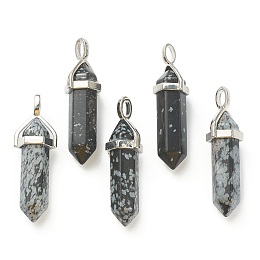 Honeyhandy Natural Snowflake Obsidian Pendants, with Platinum Tone Brass Findings, Bullet, 39.5x12x11.5mm, Hole: 4.5x2.8mm