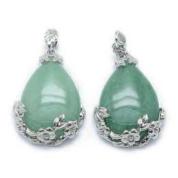 Honeyhandy Natural Green Aventurine Pendants, with Alloy Findings, teardrop, Platinum, 40.5x28.5x10mm, Hole: 4.5x8mm