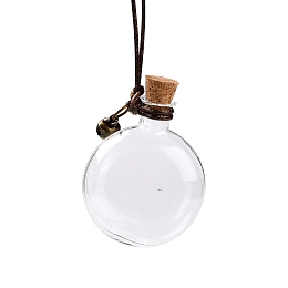 Honeyhandy Flat Round Glass Cork Bottles Ornament, with Waxed Cord & Iron Bell, Glass Empty Wishing Bottles, DIY Vials for Pendant Decorations, Clear, 23.5cm, Capacity: 5ml(0.17fl. oz)