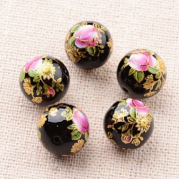 Honeyhandy Flower Picture Printed Glass Round Beads, Black, 12mm, Hole: 1mm