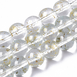 Honeyhandy Transparent Spray Painted Glass Bead Strands, with Golden Foil, Round, Clear, 8~9mm, Hole: 1.2~1.5mm, about 46~56pcs/Strand, 14.37 inch~16.3 inch(36.5~41.4cm)