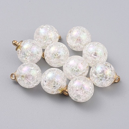 Bubblegum AB Color Transparent Crackle Acrylic  Pendants, with CCB Plastic Pendant Bails, Round, Light Gold, White, 20x15.5mm, Hole: 2mm