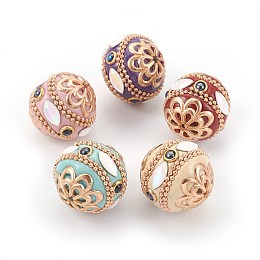 ARRICRAFT Handmade Indonesia Beads, with Metal Findings, Round with Flower, Light Gold, Mixed Color, 18.5~20.5x19~20mm, Hole: 1.5~1.6mm