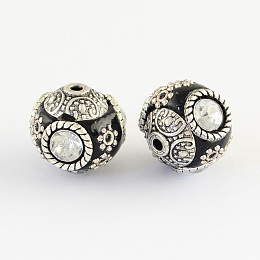 Honeyhandy Handmade Indonesia Round Beads, with Glass Cabochons and Antique Silver Metal Color Double Alloy Cores, Black, 14~15x15~16mm, Hole: 2mm