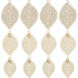 BENECREAT 24Pcs 18K Gold Plated Leaf Brass Pendants, 3 Style Hollow Filigree Leaves Charm for DIY Jewelry Making Necklace Bracelet