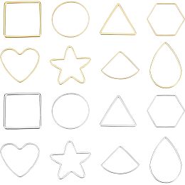 CREATCABIN 1 Box 96Pcs 16 Style Real 18K Gold Platinum Plated Brass Open Bezel Linking Rings Star Round Ring Teardrop Triangle Square Heart Fan Hexagon Hollow Connector Charms for DIY Jewelry Making