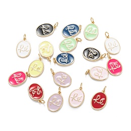 Honeyhandy Brass Enamel Pendants, Real 18K Gold Plated, Long-Lasting Plated, Oval with RE, Mixed Color, 16.5x11.5x1.5mm, Hole: 3mm, Jump Ring: 5x0.8mm