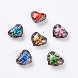 Honeyhandy Handmade Lampwork Pendants, Inner Flower, Heart, Mixed Color, 38x33x16mm, Hole: 6x6mm