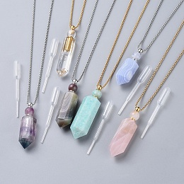 Honeyhandy Natural Gemstone Perfume Bottle Pendant Necklaces, with Stainless Steel Box Chain and Plastic Dropper, Hexagonal Prism, Mixed Color, 27.4 inch~27.5 inch(69.5~69.9cm), Bottle Capacity: 0.15~0.3ml(0.005~0.01 fl. oz)