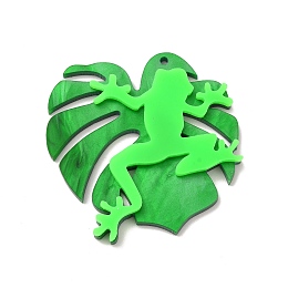 Honeyhandy Opaque Acrylic Pendants, Leaf with Frog, Green, 43x45x4.5mm, Hole: 1.6mm