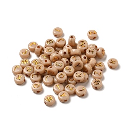 Honeyhandy Plating Acrylic Beads, Golden Metal Enlaced, Horizontal Hole, Flat Round with Letter, Wheat, 6.5~7x3.5~4mm, Hole: 1.6mm, about 3600g/500g