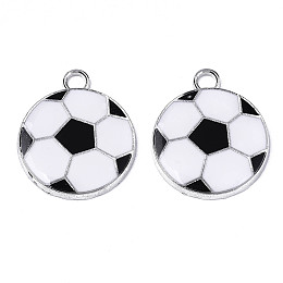 Honeyhandy Eco-Friendly Alloy Enamel Hollow Pendants, Flat Round with Football Pattern, Platinum, White, 24x20x2.5mm, Hole: 3mm