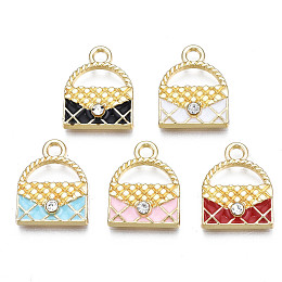 Alloy Enamel Pendants, with Rhinestone, Cadmium Free & Lead Free, Handbag, Mixed Color, 16x13x3mm, Hole: 2mm