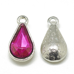 Honeyhandy Alloy Glass Pendants, Faceted, teardrop, Platinum, Camellia, 18x10x5mm, Hole: 2mm