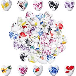 SUPERFINDINGS 50Pcs 10 Colors Handmade Porcelain Beads 15x15mm Flower Printed Porcelain Ceramic Beads Heart Ceramic Beads for DIY Jewelry Making, Hole: 3mm