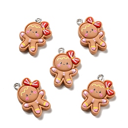 Honeyhandy Christmas Opaque Resin Pendants, with Platinum Tone Iron Loops, Gingerbread Man Charm, Sandy Brown, 27x18x5.5mm, Hole: 2x3mm