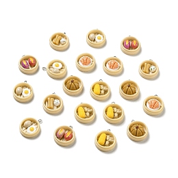 Honeyhandy Opaque Resin Pendants, Imitation Food Charm, with Platinum Tone Iron Loops, Steamed Breakfast Mixed Shapes, Mixed Color, 28x23.5x11~12mm, Hole: 2x2.5mm