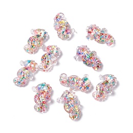 Honeyhandy Transparent Resin Cabochons, Sea Horse with Sequins, Colorful, 25x16x6.5mm