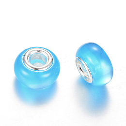 Honeyhandy Resin European Beads, Imitation Cat Eye, Large Hole Beads, with Silver Color Plated Brass Cores, Rondelle, Deep Sky Blue, 14x8~8.5mm, Hole: 5mm