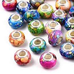 Opaque Resin European Beads, Imitation Crystal, Two-Tone Large Hole Beads, with Silver Tone Brass Double Cores, Faceted, Rondelle, Mixed Color, 14x9.5mm, Hole: 5mm