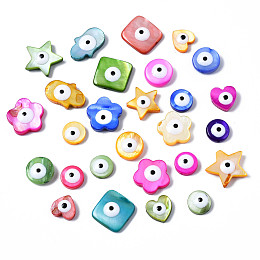 Arricraft Natural Freshwater Shell Beads, with Enamel, Dyed, Mixed Shape with Evil Eye, Mixed Color, 8~16x8~14x3~5mm, Hole: 0.6~0.8mm