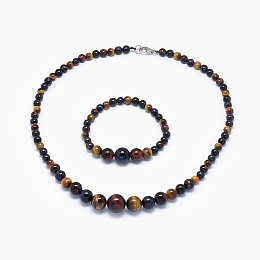 Honeyhandy Natural Tiger Eye Graduated Beads Necklaces and Bracelets Jewelry Sets, with Brass Lobster Claw Clasps, 17.5 inch(44.5cm), 2 inch(5cm)