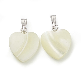 Honeyhandy Natural Trochid Shell/Trochus Shell Pendants, Heart Charms, with Platinum Tone Iron Findings, Seashell Color, 17~17.5x14.5x3.5mm, Hole: 5.5x2mm