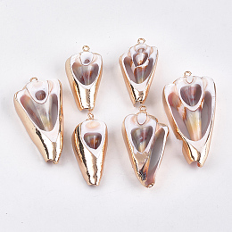 Honeyhandy Electroplate Spiral Shell Pendants, with Iron Findings, Golden, Seashell Color, 38~55x18~27x9~10mm, Hole: 1.8mm