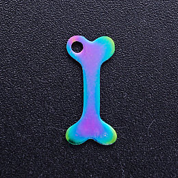 Honeyhandy Ion Plating(IP) 201 Stainless Steel Pet Pendants, Dog Bone, Rainbow Color, 15x6.5x1mm, Hole: 1.5mm