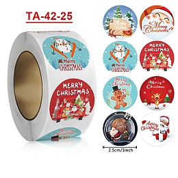 Christmas Theme Paper Self-Adhesive Stickers, for Presents Decoration, Flat Round, Mixed Color, 25mm