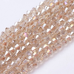 Honeyhandy Glass Beads Strands, AB Color Plated, Faceted, Bicone, Beige, 4x4mm, Hole: 1mm, about 92~96pcs/strand, 13.78~14.37 inch