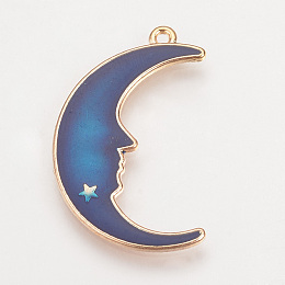 Honeyhandy Alloy Enamel Pendants, Cadmium Free & Lead Free, Moon, Golden, Royal Blue, 32x20x1.5mm, Hole: 1.5mm