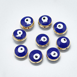 Honeyhandy Alloy Beads, with Enamel, Flat Round with Evil Eye, Light Gold, Blue, 10x6mm, Hole: 1.2mm