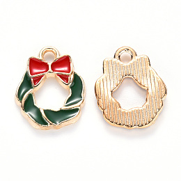 Honeyhandy Alloy Enamel Charms, for Christmas, Christmas Wreath with Bowknot, Light Gold, Dark Green, 15x12x2mm, Hole: 1.8mm