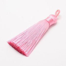 Honeyhandy Polyester Tassel Big Pendant Decorations, Ice Silk Tassel, Pink, 60~67x8mm, Hole: 5x7mm