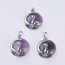 Honeyhandy Natural Amethyst Kitten Pendants, with Brass Findings, Flat Round with Cat & Crescent Moon Shape, Platinum, 32x27.5x10mm, Hole: 5x7mm