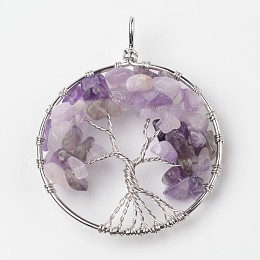 Honeyhandy Tree of Life Natural Amethyst Big Pendants, with Brass Findings, Platinum, 63~65x49~51x8~10mm, Hole: 8~10mm