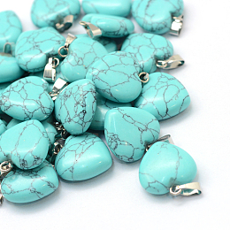 Honeyhandy Heart Dyed Synthetic Turquoise Pendants, with Platinum Plated Brass Findings, 17~19x15~16x5~8mm, Hole: 2x7mm