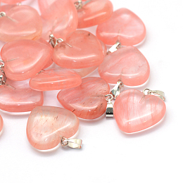 Honeyhandy Heart Cherry Quartz Glass Pendants, with Platinum Tone Brass Findings, 20~22x20~21x5~8mm, Hole: 2x7mm