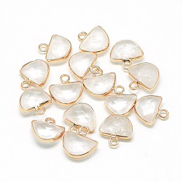 Honeyhandy Natural Quartz Crystal Semi Circle Pendants, with Brass Findings, Faceted, Half Round, Golden, Clear, 13.5~14.5x13~14x5.5mm, Hole: 2mm